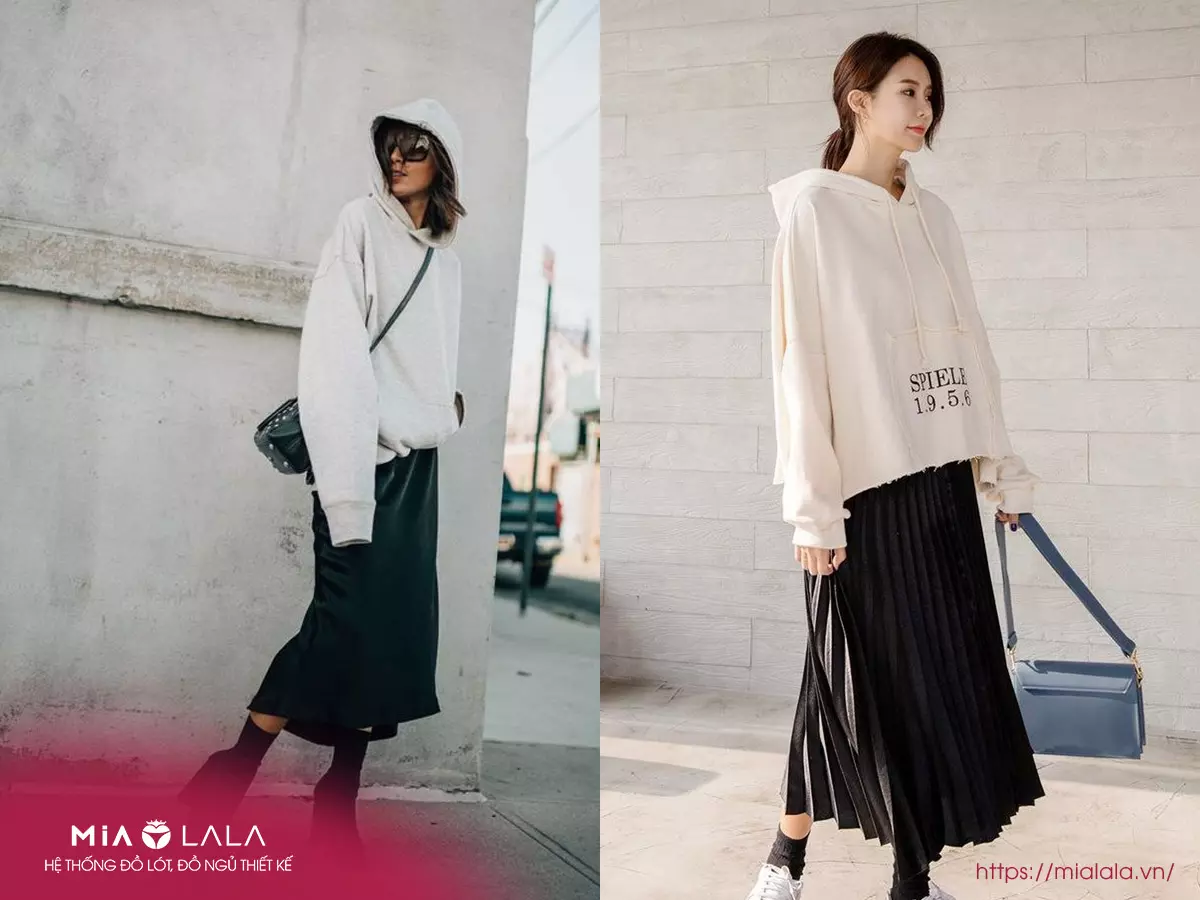Sự kết hợp giữa hoodie/sweater và chân váy xếp ly luôn năng động và đậm phong cách Hàn Quốc
