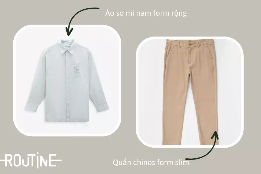 Phối áo sơ mi form rộng tay dài cùng quần chinos giúp chàng trẻ trung, thanh lịch